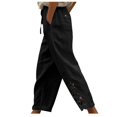 thumbnail image 1 of JUNWELL Women‘s Cotton Linen Lace Patchwork Design High Waist Drawstring Pocket Button Nine-Point Pants Long Pants Black 4, 1 of 9