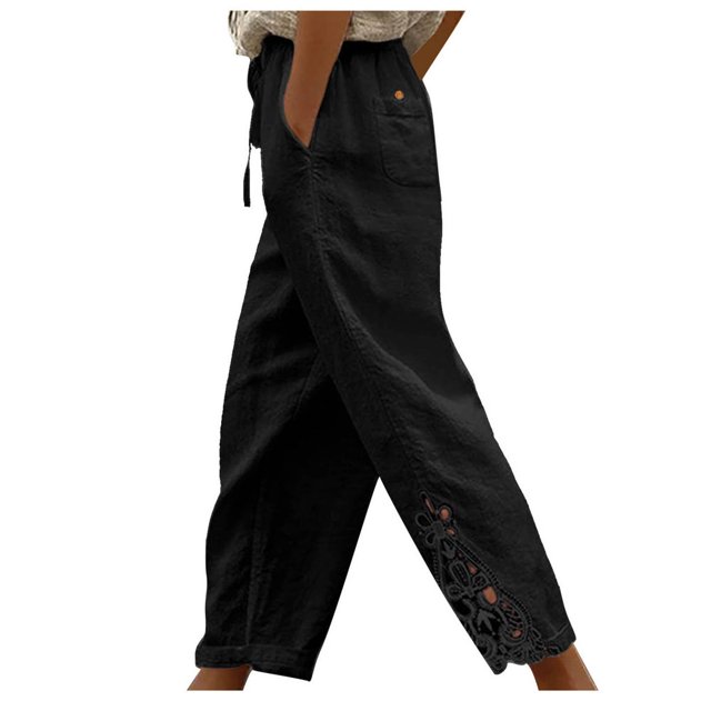 JUNWELL Women‘s Cotton Linen Lace Patchwork Design High Waist Drawstring Pocket Button Nine-Point Pants Long Pants Black 4