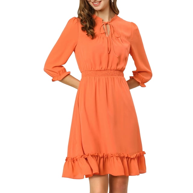 INSPIRE CHIC Women's Layered Ruffle Hem 3/4 Sleeves Smocked Chiffon A-Line Dress M Orange