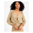 thumbnail image 3 of LE RUMI Womens Beige Stretch Tie Belted Long Voluminous Sleeves V Neck Top M, 3 of 4