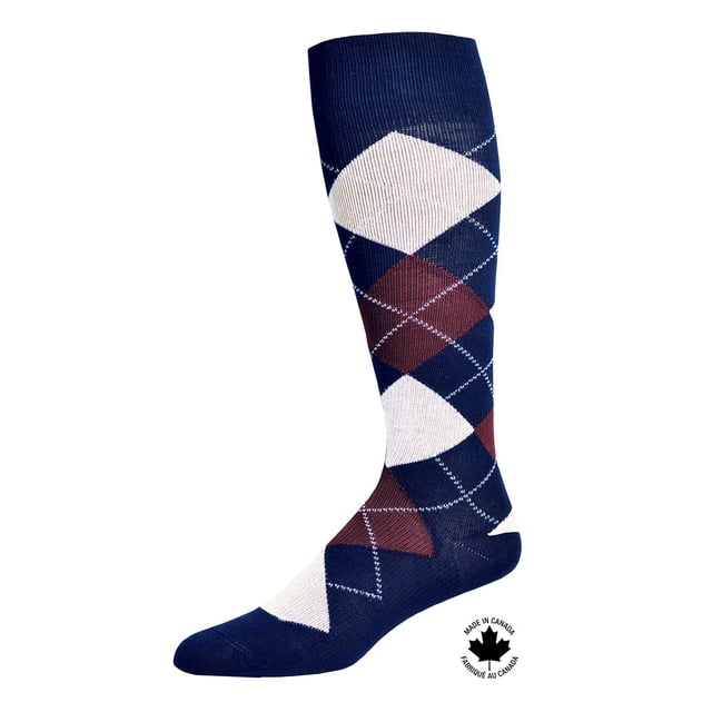 Paramedic Fashion Compression Socks 15-20 mmHg Men Argyle (1 Pair) - Medium, navy blue knee-high sock with white and burgundy argyle diamond pattern, made from microfilament nylon yarn with antibacterial silver yarn, providing graduated compression to reduce swelling and improve leg recovery, made in Canada.