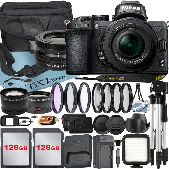 Nikon Z50 Mirrorless Camera with NIKKOR Z DX 16-50mm VR Zoom Lens + 128GB Card + Case + Telephoto + Tripod + ZeeTech Accessory Bundle