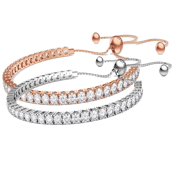 Paris Jewelry 24K Rose and White Gold Plated 6ct Created White Sapphire Round Adjustable Tennis Bracelet Unisex