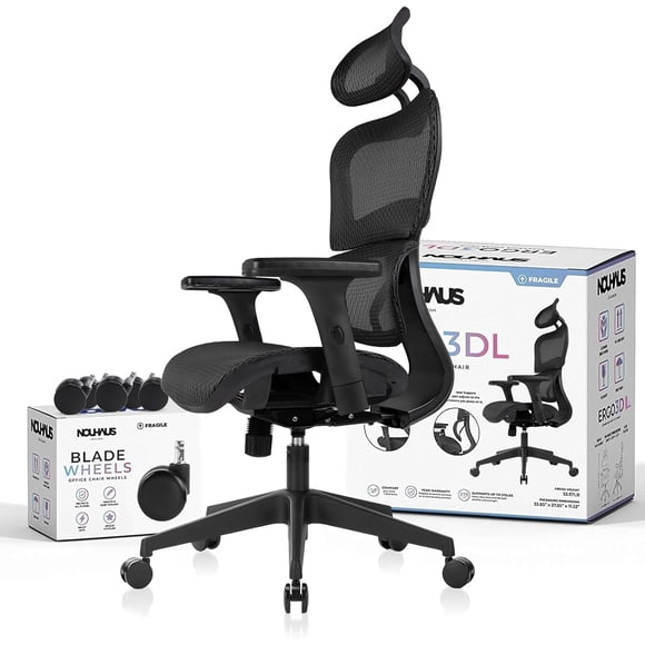 NOUHAUS Ergo3DL Ergonomic High-Back Mesh Office Chair with Adjustable Headrest, Lumbar Support, and Armrests, Black