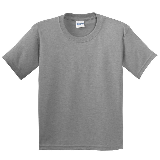 Gildan Children's Soft Style T-Shirt in a plain grey design, made from 100% ringspun cotton with a modern fit. Features a crew neckline with ribbed and taped shoulders, short sleeves, and high stitch density for durability. Ideal for casual summer wear and DTG printing. Certified sustainable with Oeko-Tex Standard 100, Sedex, and WRAP certifications.