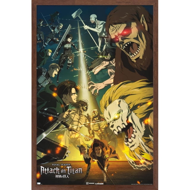 Attack on Titan: Season 4 - Key Visual 3 Wall Poster with Magnetic Frame, 22.375" x 34" depicting a detailed anime scene with characters using swords and maneuver gear confronting large titans with glowing eyes near a spiked tower. Printed on glossy paper and framed in a dark wood magnetic frame, suitable for wall art, home décor, and themed room decoration.