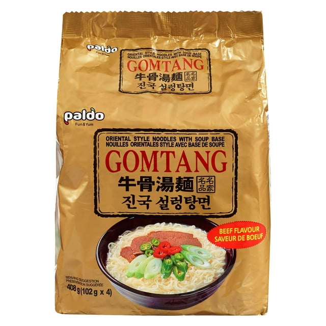 Paldo Gomtang Noodle package in gold featuring oriental style beef-flavored ramen with thick noodles, sliced beef, green onions, and chili peppers in a bowl, weighing 408g (102g x 4), suitable for quick preparation of traditional Korean mild beef soup noodle meals.
