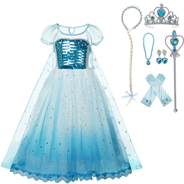 HAWEE Reine des Neiges Princesse Elsa Costumes Robe de Princesse Déguisement Fête Cosplay Costume avec Cape