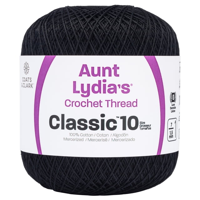 AL CLASSIC10 BLACK Aunt Lydia's classic 10 crochet thread in black, 100% mercerized cotton, 3-ply, size 10 thread weight ideal for crochet projects, recommended crochet hook size 1.6 mm, shown as a tightly wound ball with a white label featuring purple and black text.
