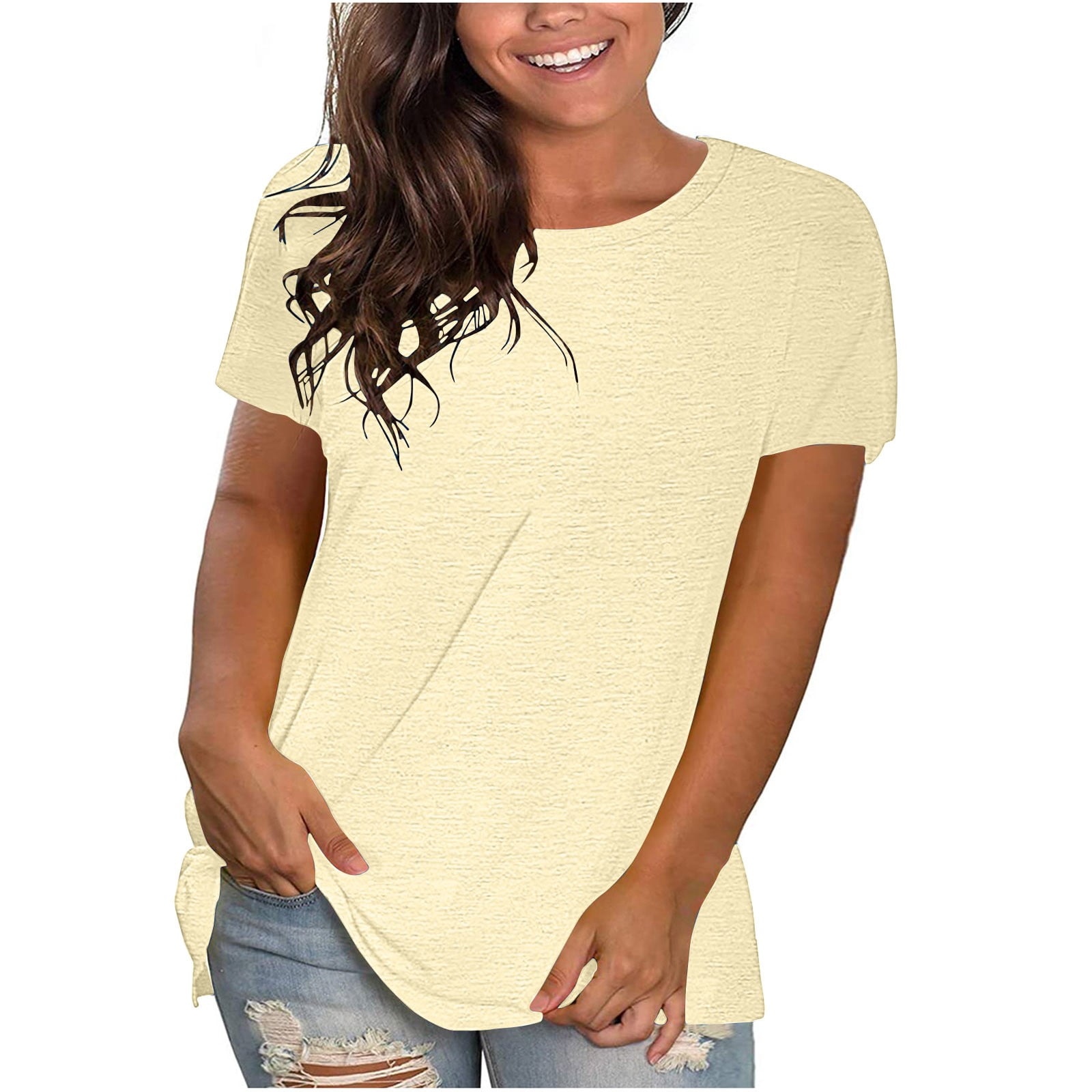 cfhntfmh Hauts Grande Taille pour Femmes Col Rond Manches Courtes T-Shirts d'Été Couleur Unie Amples Basiques Tees