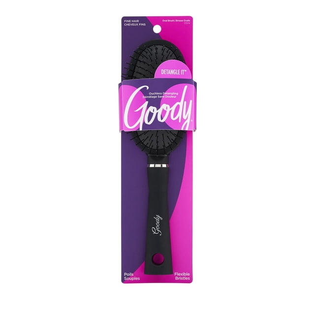 Goody Custom Style Oval Brush Fine Hair with flexible bristles for gentle detangling and smoothing, featuring a black ergonomic handle with the Goody logo, shown on purple and pink packaging designed for fine hair care.