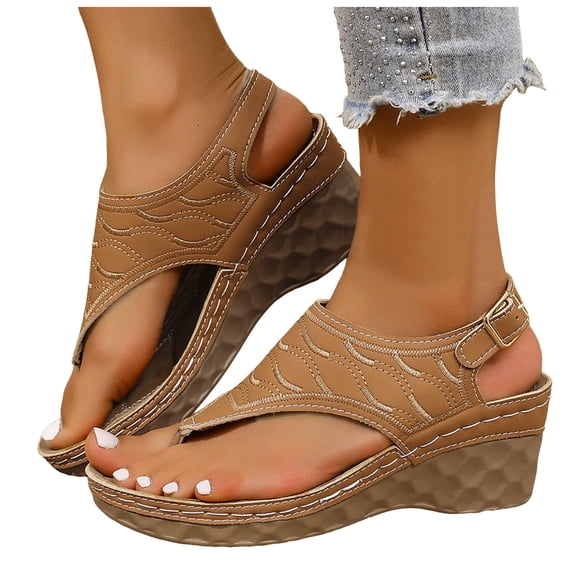 Wedge Sandals for Women Arch Support Tong Sandal Ankle Strap Flip Flops Comfortable Lightweight Beach Shoes Brown Size 9