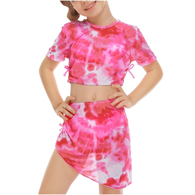 XZNGL Little Girls Swimsuit Girls Casual Cute Print Double Ruffle Split Swimsuit Beach Four-Piece Set