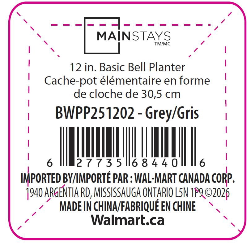Mainstays Basic Bell Planter 8 inch Grey, Classic Design with Attached Tray Durable Weather Resistant  Matte Finish