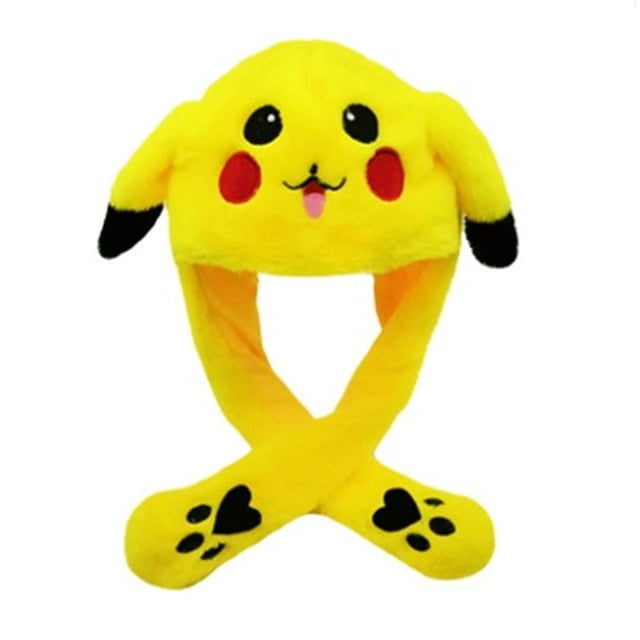 Pikachu Pikachu Hat Rabbit Ear Moving Jumping Hat Funny Bunny Plush Hat Cap V1. A multicolour plush hat designed to resemble Pikachu, featuring soft yellow fabric with black-tipped ears, red cheeks, and a playful face. The hat includes long, floppy ears with paw prints at the ends, adding a fun and interactive element. Suitable for kids and adults, it can be used as a winter hat or for events like Easter, Halloween, or Christmas parties.