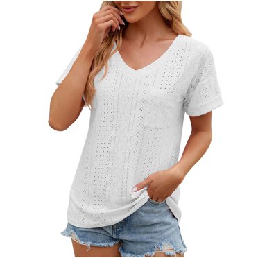 Meichang T-Shirts Décontractés pour Femmes, Hauts Unis à Oeillets, Col en V, Manches Courtes, Coupe Ample, T-Shirts d'Été, Chemises, Blouses Habillées Décontractées pour le Travail avec Poches Poitrine, Blanc, P