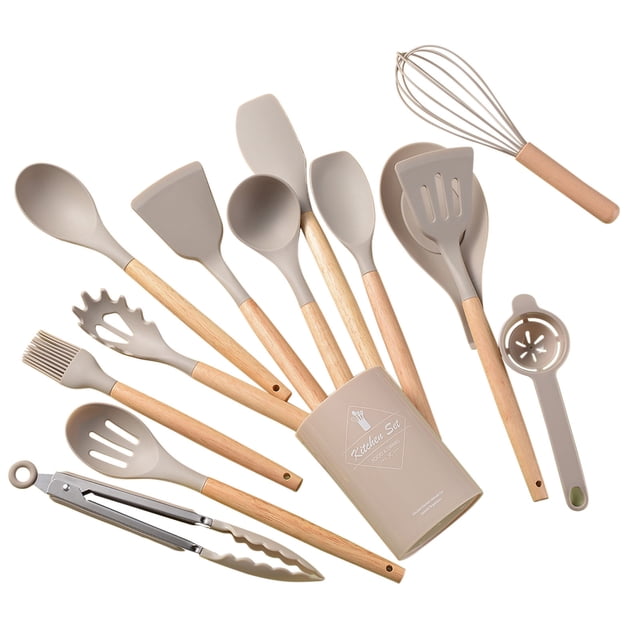 Renjiang Chef Kitchen Cooking Utensils Set, 14 pcs Non-Stick Utensils Spatula Set with Holder, Black Wooden Handle Silicone Kitchen Gadgets