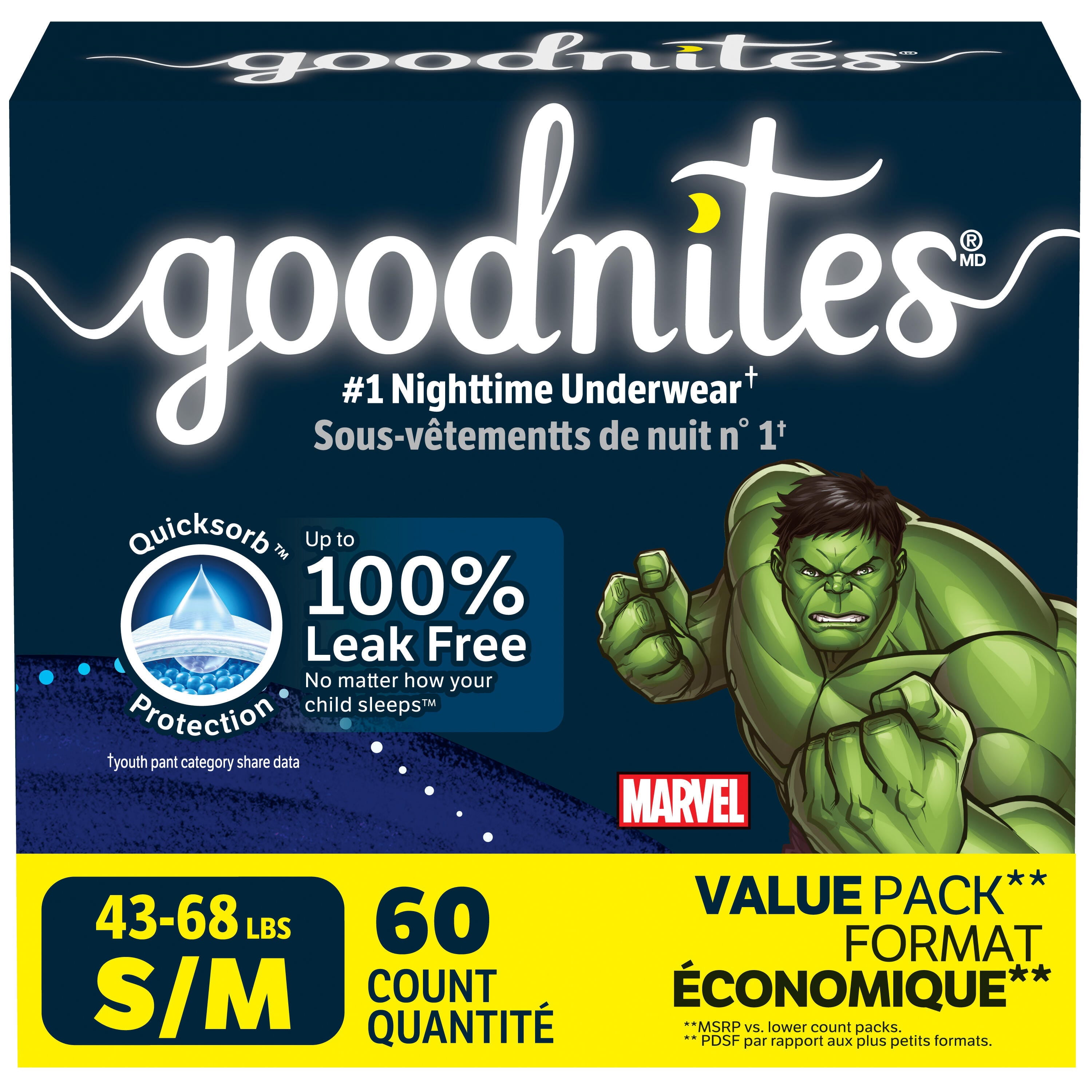 Goodnites Boys' Nighttime Bedwetting Underwear, Size Small/Medium (43-68 lbs), 60 Count
