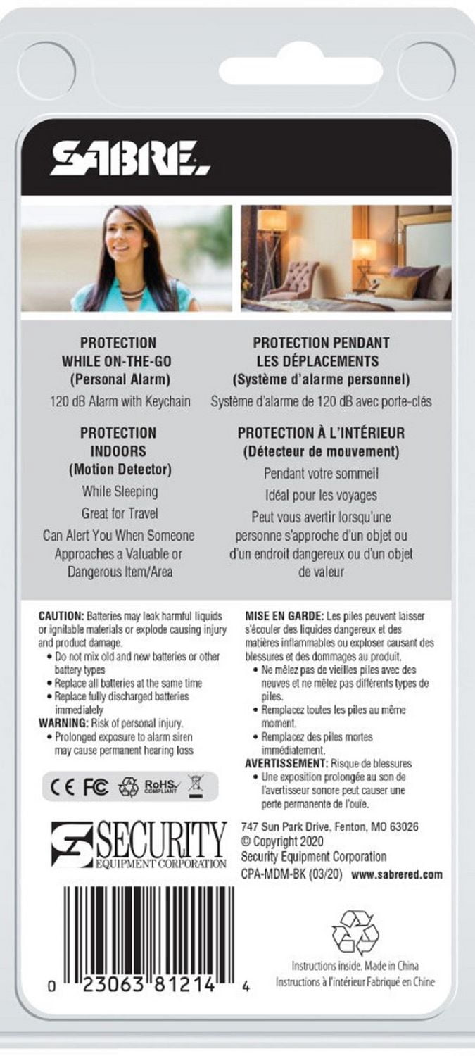 Sabre Alarme de sécurité personnelle et détecteur de mouvement noir