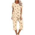 thumbnail image 1 of Offres du Jour Liquidation Iumwxz Pyjamas Doux Tendance Ensembles Assortis Pyjamas pour Femmes Imprimé Cœur Col Rond Manches Courtes Taille Élastique Pantalons Raccourcis Ensembles pour Femmes Vêtements d'Extérieur, 1 of 4