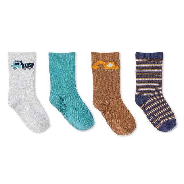George Toddler Boys' Crew Socks 4-Pack crew-length soft knit socks with ribbed cuffs and grippers on the sole; includes 4 assorted pairs for mixing outfits, also suitable as spare daycare socks or for pairing with sneakers or pajamas.
