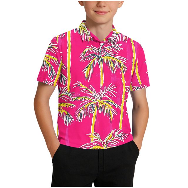 Zpanxa Chemise Garçon à Boutons, Imprimé, Col à Revers, Manches Courtes, Chandail Décontracté à Enfiler en Polyester, 11-12 Ans
