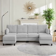Mjkone 4-seater U Shaped Sectional Sofa, Corduroy Sectional Couch with Chaise, Modern Modular Couches and Sofas for Living Room-Light Grey