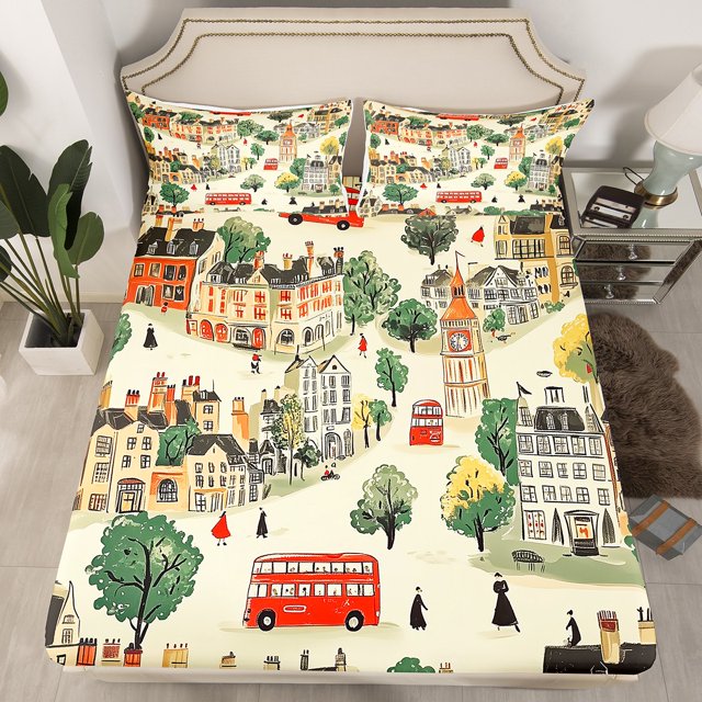 London Fitted Sheet Twin Size,London Big Ben and Bus Pattern Bedding Set 2Pcs for Kids Teens Adult Decor,Retro London Street View Bed Sheet Cartoon City Deep Pocket Sheet,1 Pillowcase(No Top Sheet)