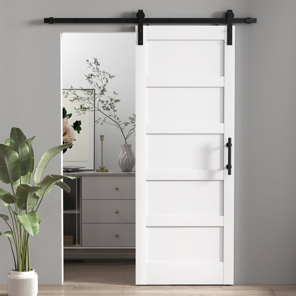 HOMCOM Sliding Barn Door with Hardware Kit, Shaker Sliding Door, White