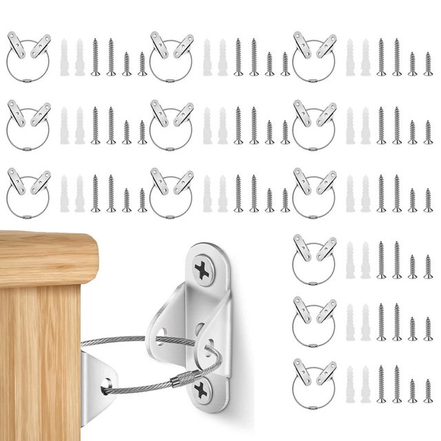 24 Pcs d'Ancres pour Meubles pour l'Étanchéité des Bébés, Dotées de Sangles Anti-Basculement en Acier Inoxydable avec Capacité de tension de 400 Lb. la Trousse Comprend 24 Supports Métalliques, 12 Rubans en Acier, 24 Clous d'Expansion, 24 Vis Longues et 24 Vis Courtes. Conçue pour Fixer des Meubles comme des Armoires, des Bibliothèques et des Garde-Robes aux Murs, Offrant une Résistance aux Tremblements et une protection pour les Enfants et les Animaux. l'Image Montre les Composants