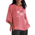 thumbnail image 2 of Pxiakgy Chemises pour Femmes Été Manches 3/4 Col Rond Imprimé Floral Haut Ample T-Shirts Tunique en Lin Décontractée Blouse Rose + TG, 2 of 4
