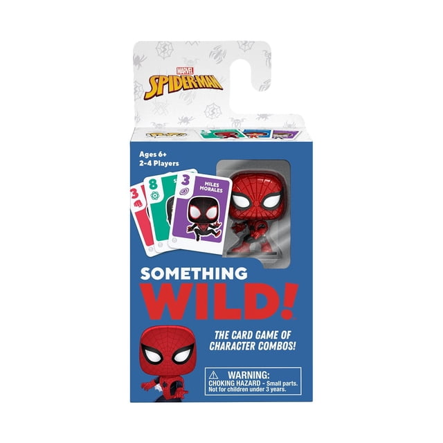 Funko Games SOMETHING WILD! MARVEL SPIDER-MAN Ensemble de Jeu de Cartes avec une Figurine de Poche SPIDER-MAN Pop! de Collection et des Cartes de Personnages Incluant des Miles Morales, Conçu pour 6+, 2-4 Joueurs, Comprenant des Cartes Numérotées Colorées et des Pouvoirs Spéciaux pour le Jeu.