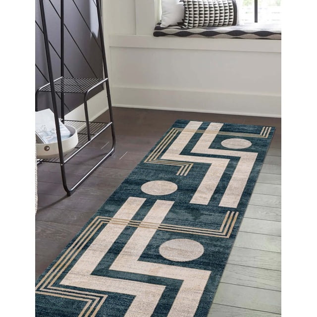 ECARPET Erisa Contemporary Runner Rug in a dusty modern color palette with beige geometric Art Deco patterns on dark teal, placed on dark hardwood floor near a black metal shelf and window seat with black and white cushions, suitable for living rooms, bedrooms, and hallways.