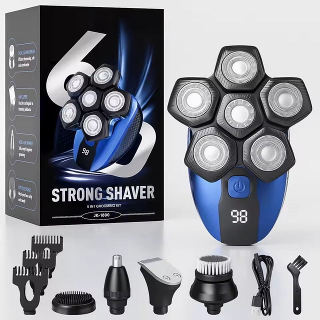 Toytexx Rasoir Électrique 5-en-1 pour la Tête pour Hommes avec Lames Rotatives Flottantes 6D, Écran LED et Conception rechargeable par USB. Ce kit de Soins pour Hommes Comprend un Rasoir, une Tondeuse pour le Nez, une Tondeuse à Barbe, une Brosse pour le Visage et un Tapis de massage. Convient à une Utilisation Humide et Sèche, Montré en Bleu avec des Accessoires comme des Peignes de Guidage, une Brosse de Nettoyage et un Câble USB. l'Emballage Met en Valeur l'Étanchéité et un design Ergonomique Antidérapant.