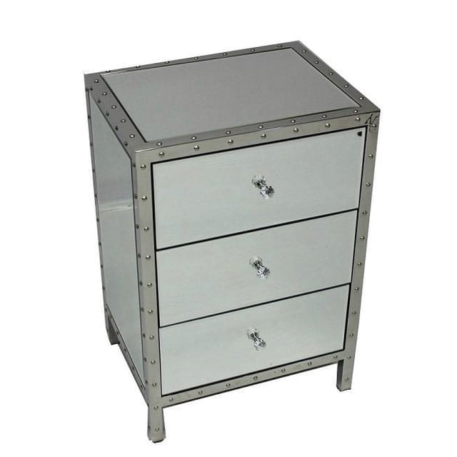 table de Chevet SICOM avec Fini en Verre Miroir, Doté de Trois Tiroirs et d'Accentures de Clous Métalliques sur les Bords, Conçu pour le Rangement et l'Organisation des Meubles de Chambre, Convient Aussi comme table d'Appoint Compacte.