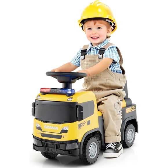 Voiture Pousse-Pousse Scania sous Licence par OLAKIDS avec 3 Effets Sonores, Rangement, Camion de Police Coulissant pour Tout-Petit