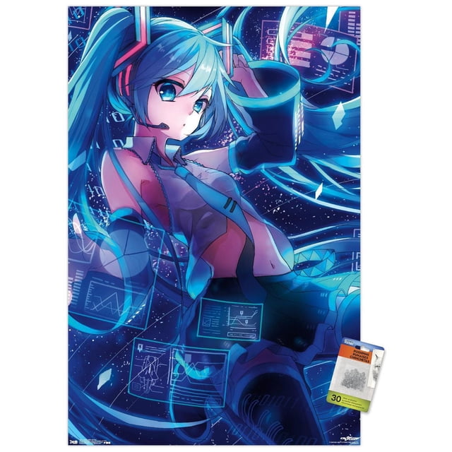 Hatsune Miku - Affiche Murale d'Écrans, 22,375 Po x 34 Po Représentant un art Numérique d'Hatsune Miku avec de Longues Queues Jumelles turquoise et un Haut Sans Manches, Entourée d'Écrans Holographiques Bleus Flottants Affichant des Données et des Cartes, sur un Fond Sombre et Étoilé, Convient à la Décoration Murale de Chambre Ou de Bureau.