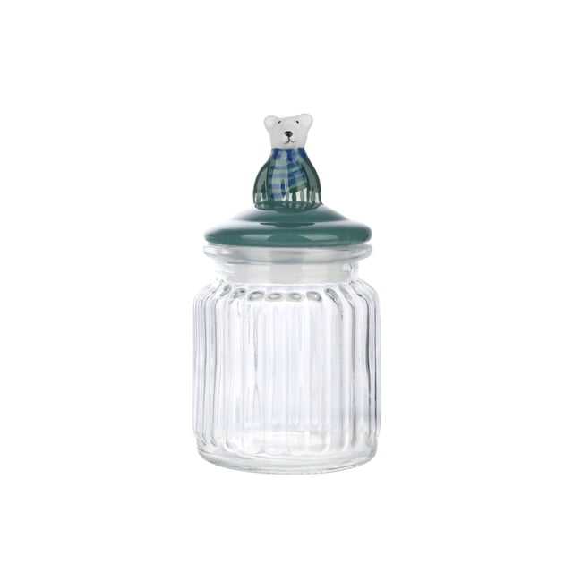 Holiday Time TT Glass Bear Canister, 10oz, 1piece with clear ribbed glass body and dark green ceramic lid topped by a white bear figurine wearing a blue and green plaid scarf, suitable for kitchen food storage or decorative use.