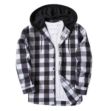 aohooy Men's Flannel Plaid Shirts Fall Jackets Long Sleeve Button Down Hoodie Lightweight Casual Shirts Coat Outerwear Gray,XXL
