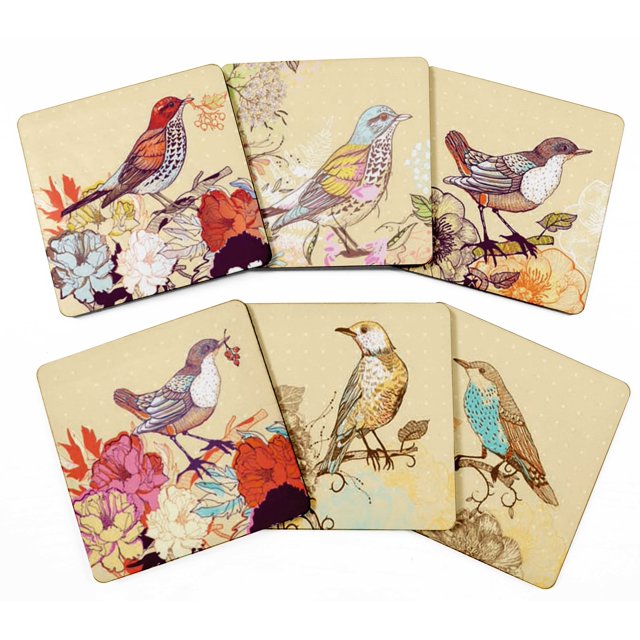 Inkdotpot Set of 6 Drink Coasters DecorativeNon,SlipCork Base4-inch Square PrintedCoastersEasy Clean- Birds