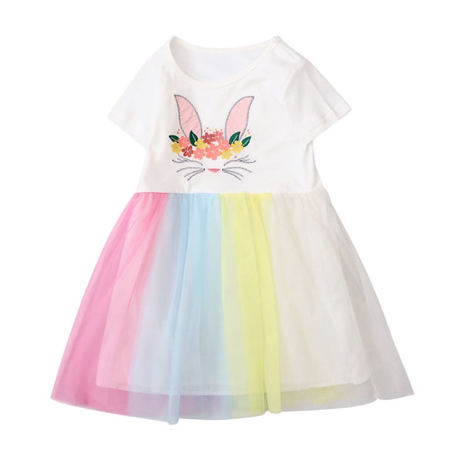 Qudderr Robe Princesse en Tulle Arc-en-Ciel pour Enfants 2-8 Ans Robe Imprimée pour Filles Robe d'Été en Maille pour Bébés Filles Jupe