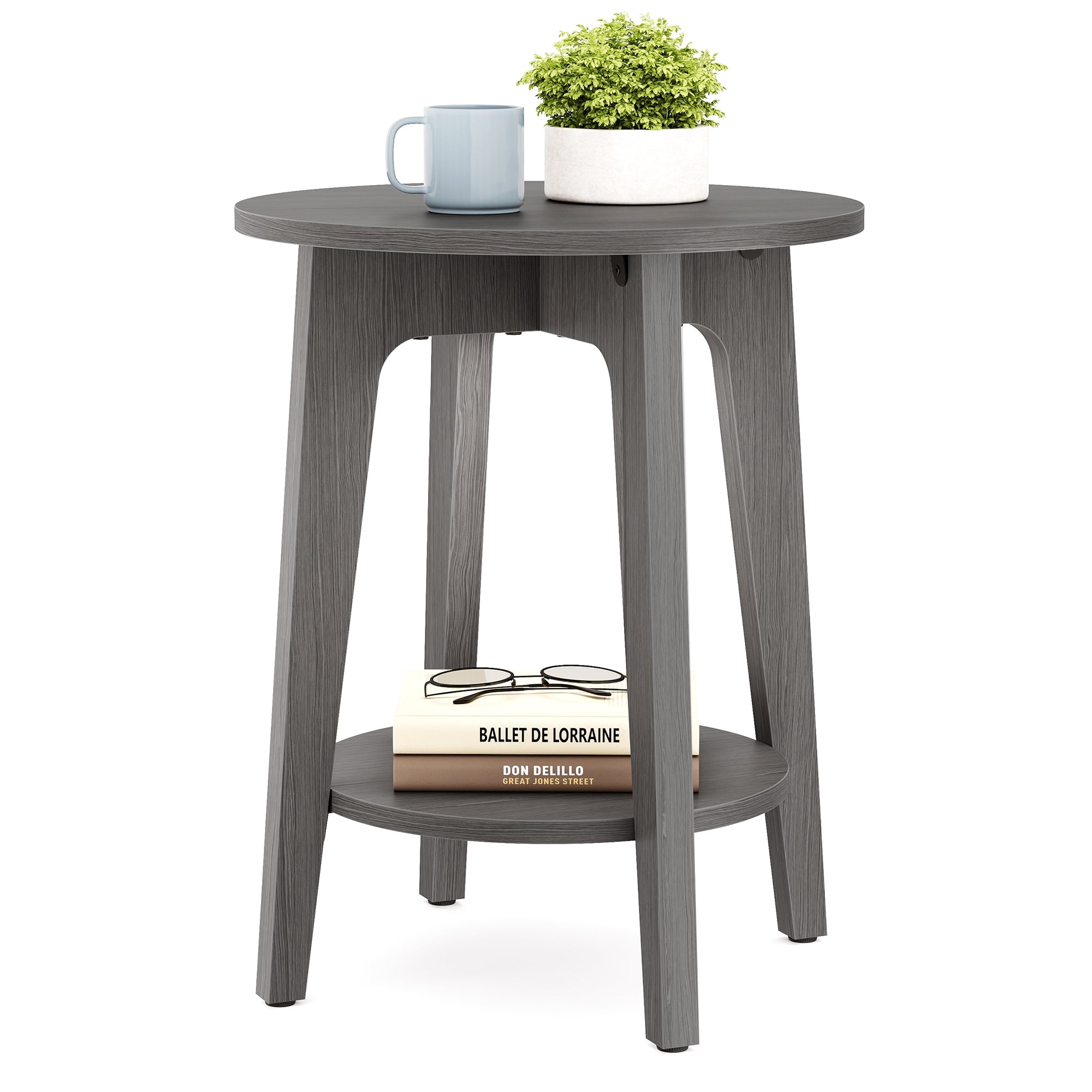VASAGLE Round Side Table with Lower Shelf, End Table for Small Spaces, Nightstand for Living Room, Bedroom, Smoky Gray