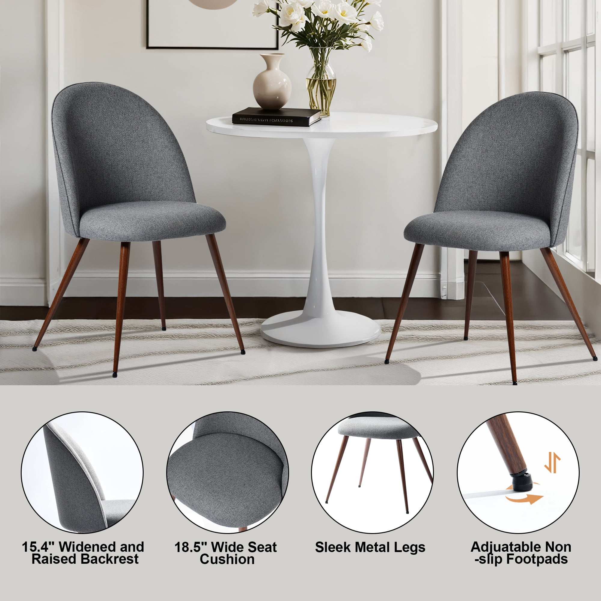 Lot de 2 chaises de salle à manger Homy Casa sans accoudoirs avec dossier incurvé et rembourré, tissu gris