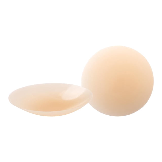 3" Nip & Tuck Silicone Nipple Covers centered close-up of 3-inch adhesive silicone pasties with matte finish and ultra-thin tapered edges; invisible coverage under sheer or clingy tops and unlined bras, washable and reusable with included storage case, also suitable for modesty or stage use.