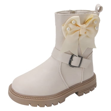 REDARER Bottes à Talon Épais pour Filles - Bottes d'Hiver Mi-Mollet à Semelle Épaisse avec Nœud en Perles et Fermeture Éclair Latérale, Bottillons Chauds pour Enfants, Couleur : Z10 Blanc, Taille : 4-4,5 Ans