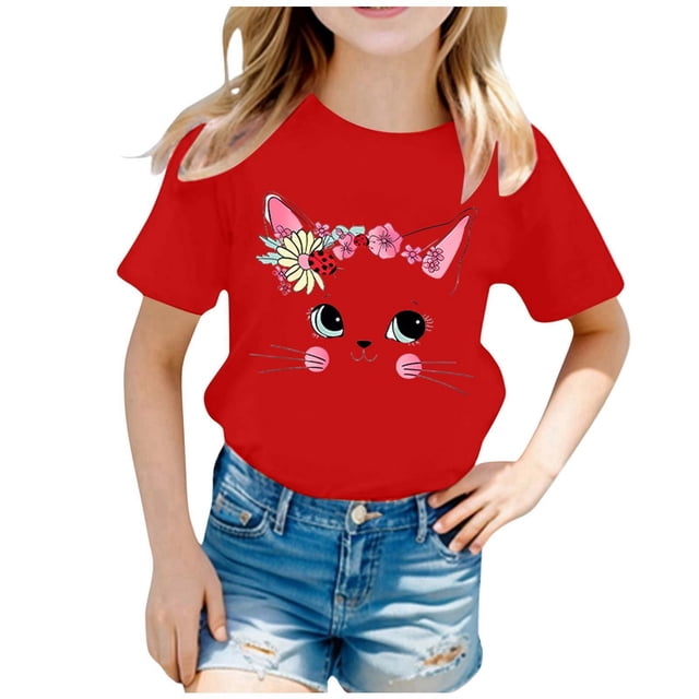 GDREDA Vêtements Fille Enfant Filles Mignon Mode Imprimé Col Rond Manches Courtes Tee Été Décontracté Ample Doux T-Shirt Hauts T-Shirt à Manches Courtes pour Fille Rouge,8-10 Ans