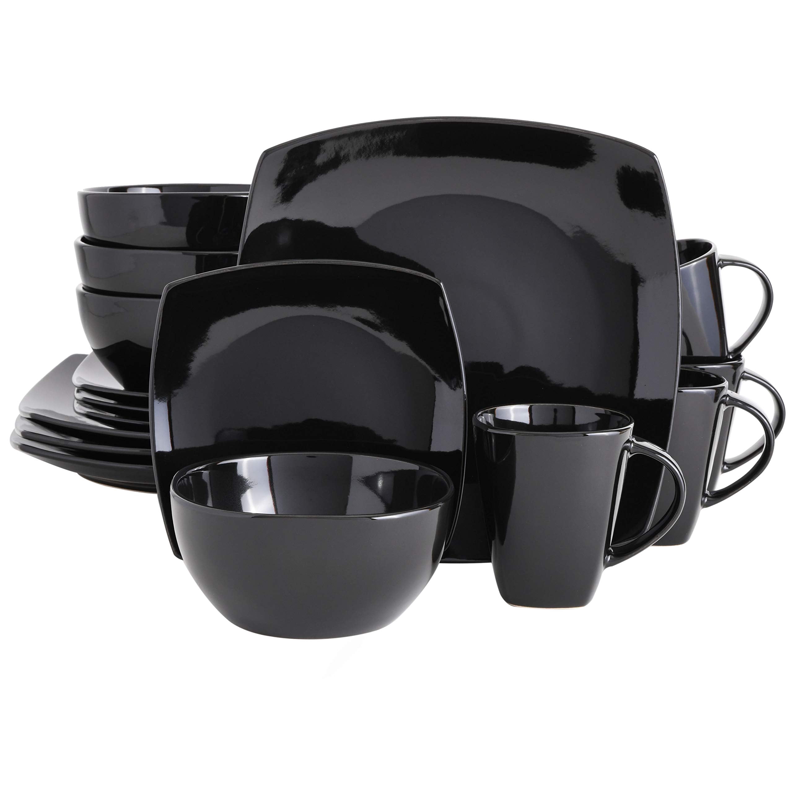 Gibson Soho Lounge Ensemble de Vaisselle en Grès à Glaçure Réactive Carrée, Service pour 4 (16 Pcs), Noir