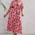 thumbnail image 4 of SMihono Robe Maxi Bohème d'Été pour Femmes Grande Taille Robe d'Été pour Femmes à Imprimé Robe Grande Taille à Col en V à Manches Courtes à Taille Élastique Robe de Plage Robe Soleil Robe Midi Fluide à Volants Robe Évasée de Plage, 4 of 9