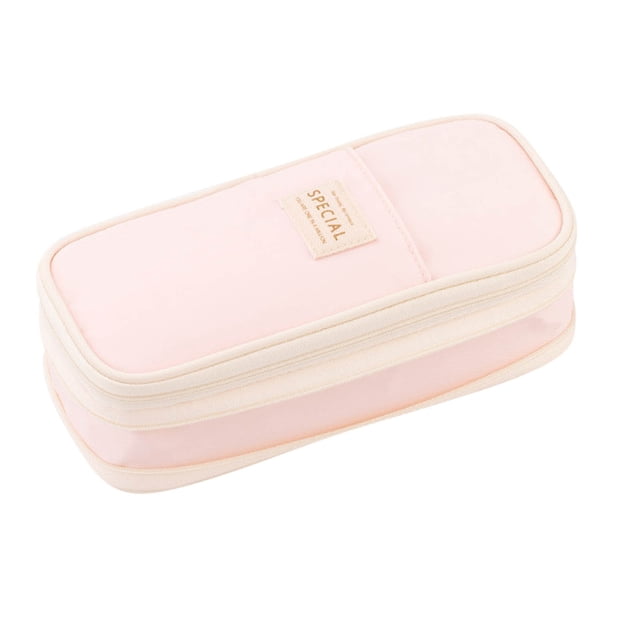 TopLLC Office Supplies large-capacity pencil case in a macaron color scheme, featuring a rectangular design with a soft pink canvas exterior and beige accents. The case includes a durable zipper and a front label that reads 'Special.' It measures approximately 21.5x9.5x7cm and can hold up to 30 pens or pencils. The expandable design allows for increased storage depth, making it versatile for use as a travel case or makeup bag. Suitable for back-to-school supplies or office use.