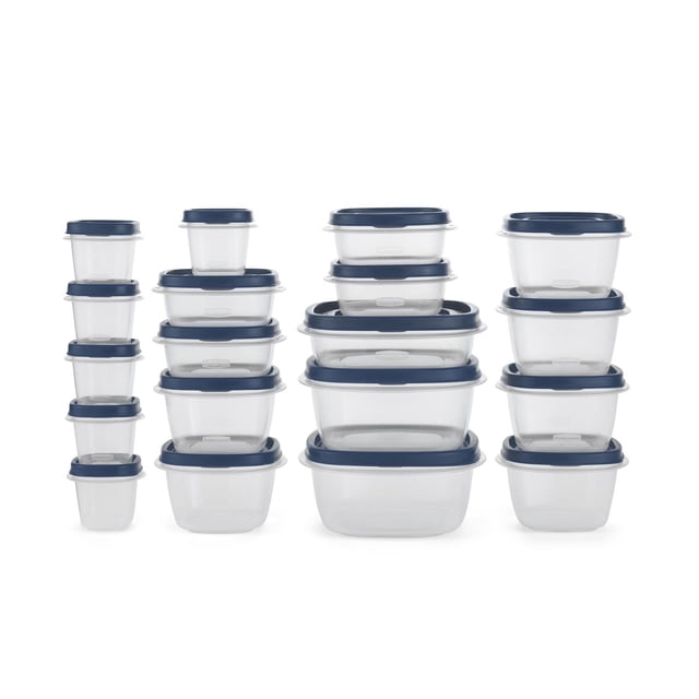 Rubbermaid EasyFindLids Vented Food Storage Containers set of 18 (36 pieces total) with insignia blue lids, clear plastic containers in various sizes stacked and nested, suitable for meal prep, freezer-safe storage, and microwave reheating with vented lids to reduce splatter.